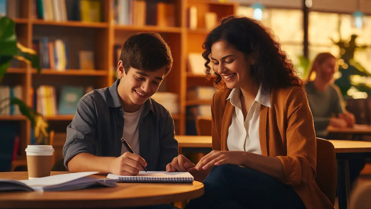 A teacher and student reviewing notes together in a relaxed setting.