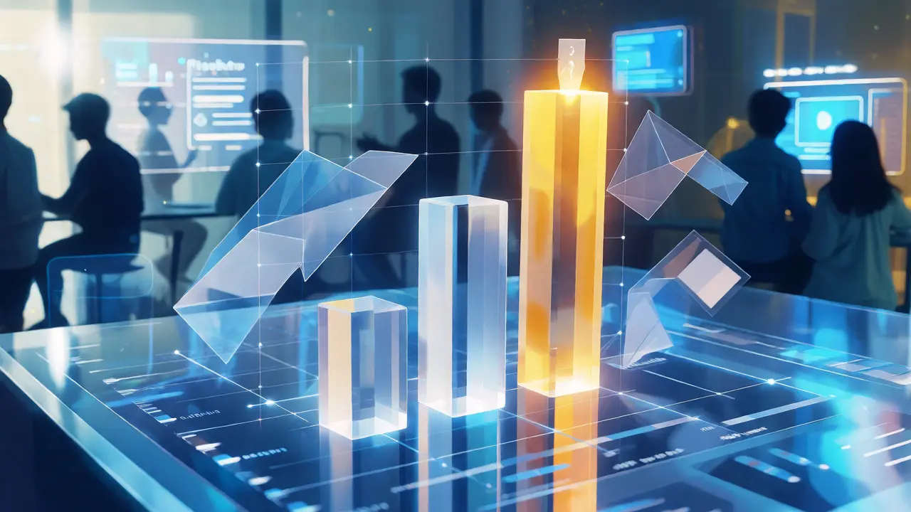 Abstract 3D bar chart showing significant data results surrounded by student interaction icons.