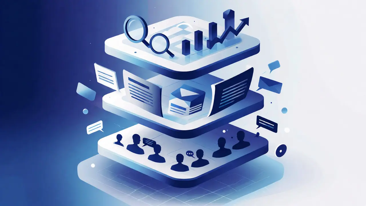 Abstract conceptual illustration showing three stacked layers representing foundation, application, and optimization pillars.