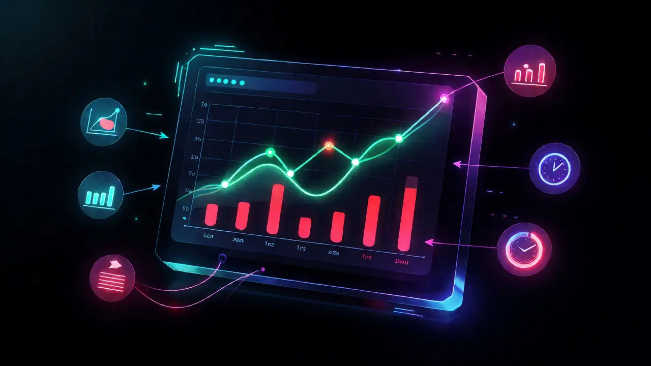 Abstract digital dashboard visualizing training analytics and business KPI trends