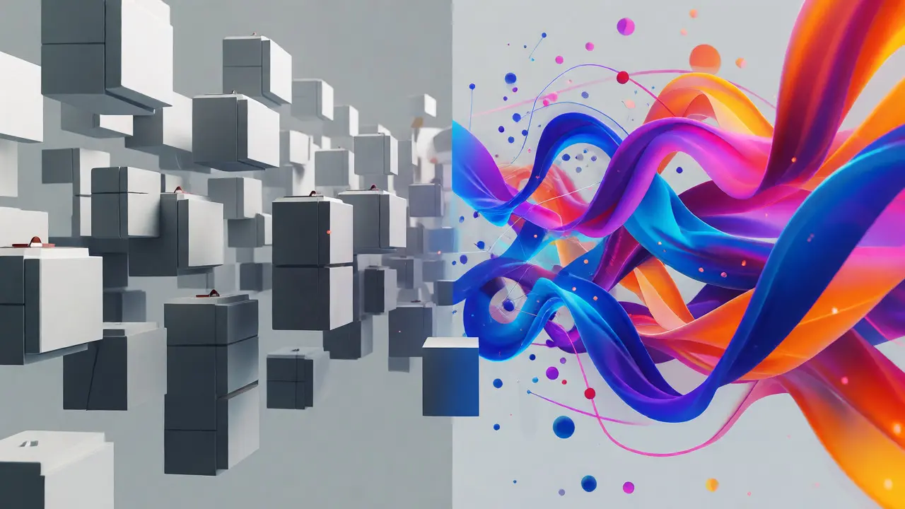 Abstract visualization comparing rigid SCORM structures with dynamic xAPI data flows.