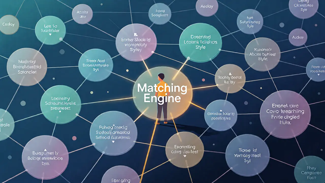 Abstract visualization of AI matching algorithms connecting students and tutors