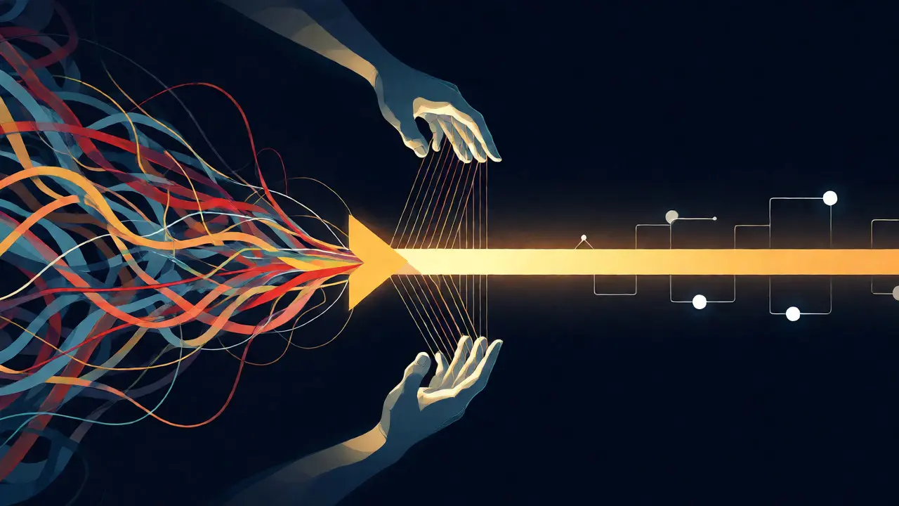 Abstract visualization of chaotic threads transforming into a focused golden path