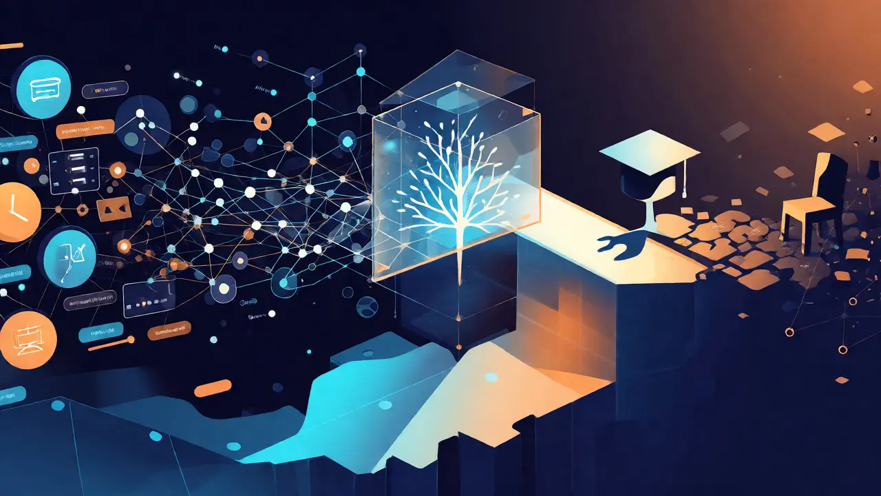 Abstract visualization of ML algorithms bridging data points to success or dropout paths.
