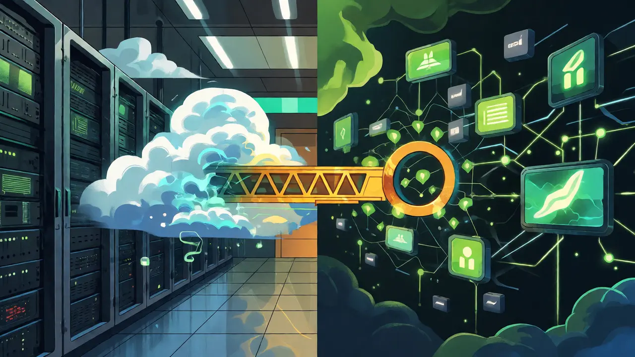 Artistic depiction of multi-cloud strategy bridging on-prem and cloud