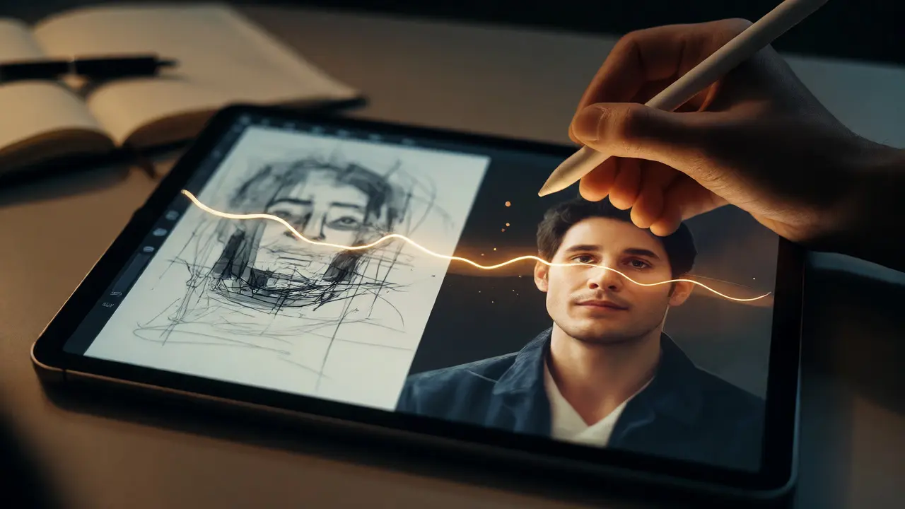 Close-up of a hand using a stylus on a tablet comparing an AI draft with a human-edited final copy.