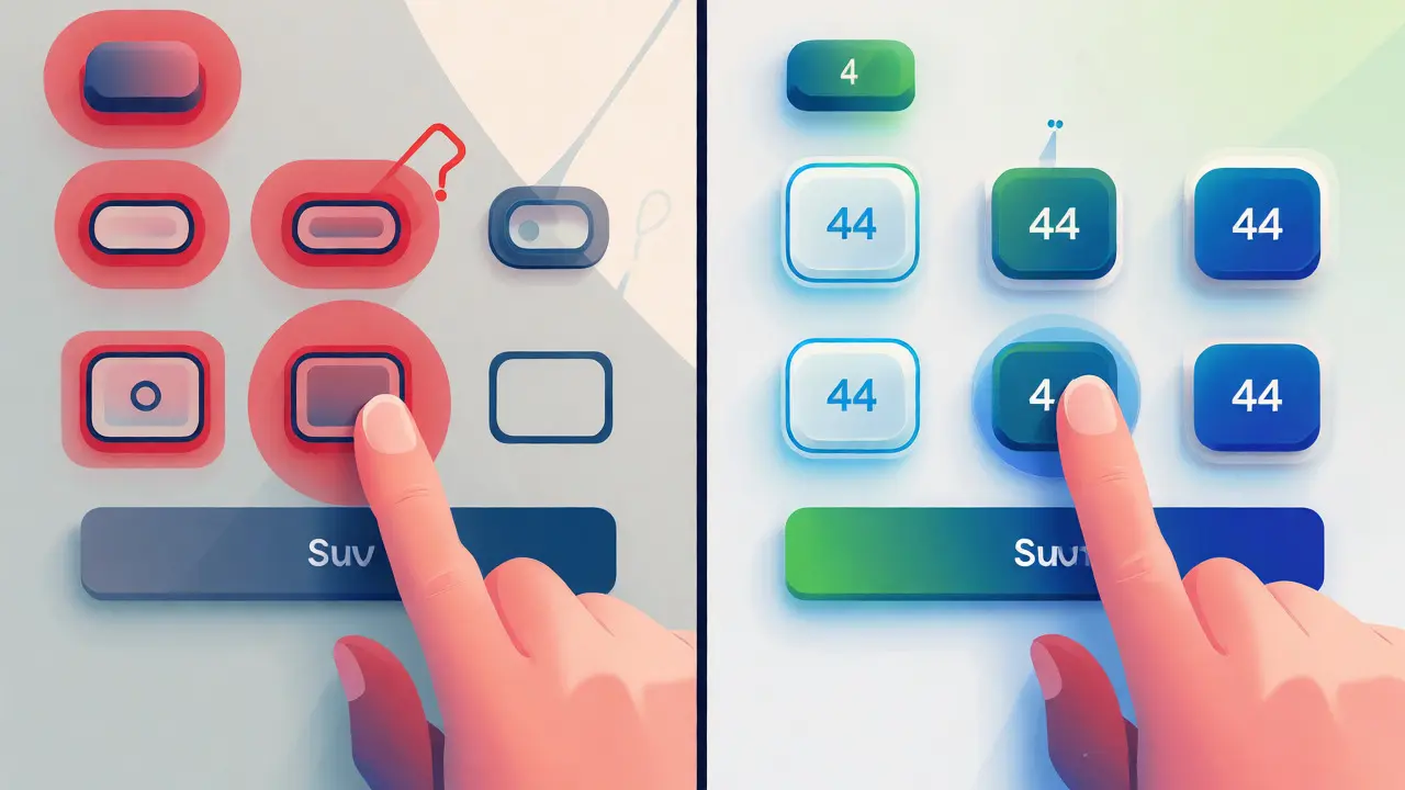 Comparison of cramped vs spaced-out mobile touch target designs
