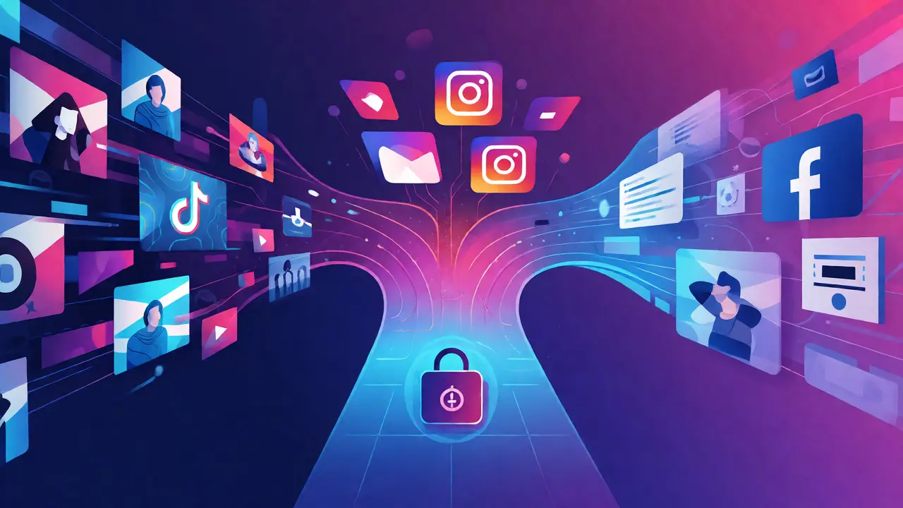 Conceptual diagram showing TikTok, Instagram, and Facebook streams merging into an email funnel.