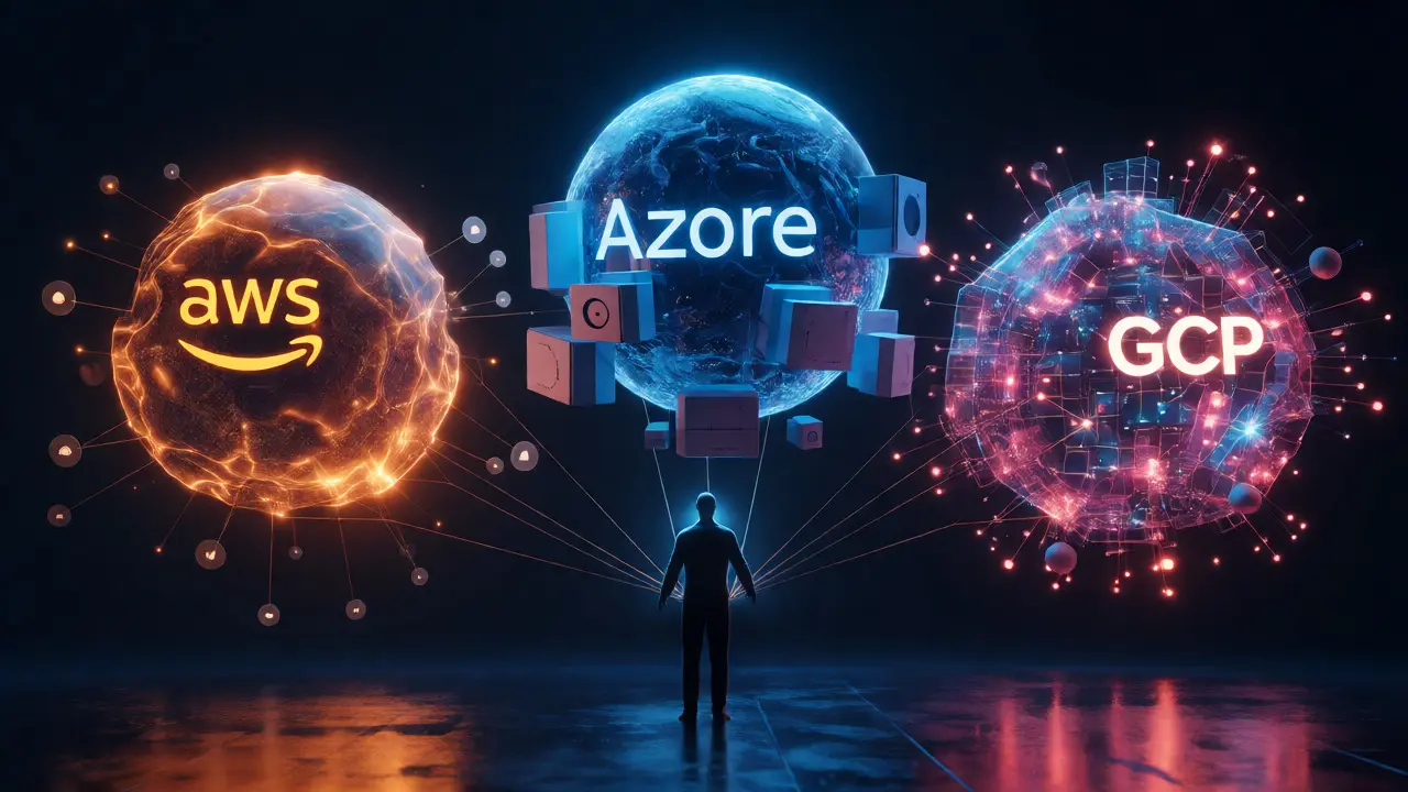 Conceptual visualization of AWS, Azure, and GCP as glowing spheres