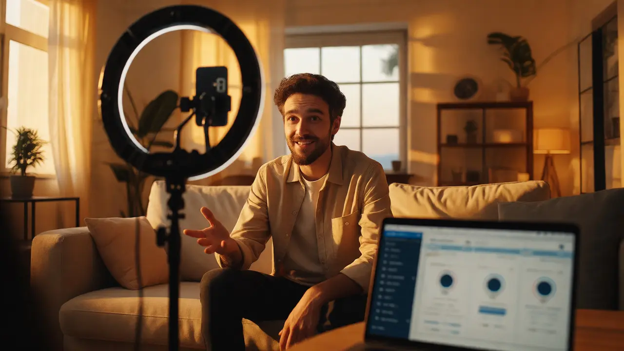 Course creator recording an authentic Instagram Story with a ring light in a cozy living room.