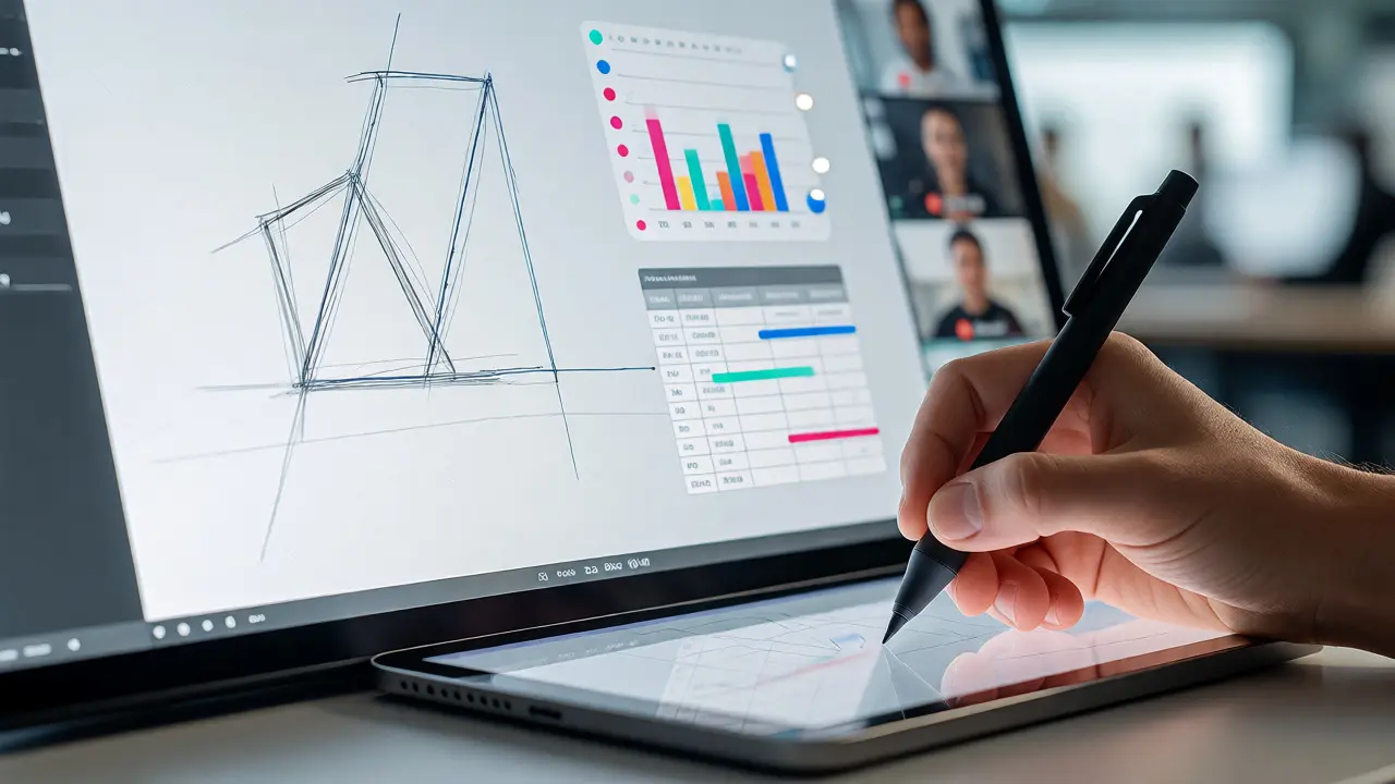 Digital pen transforming sketches into graphics on a hybrid classroom display.