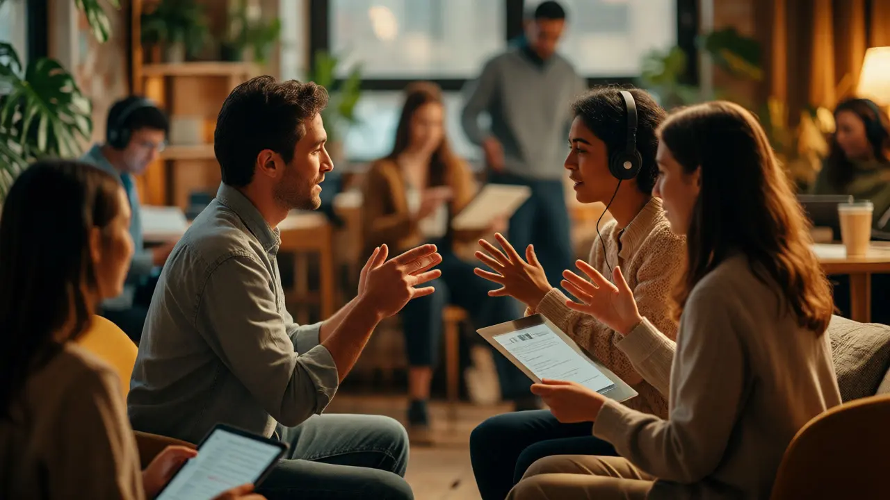 Employees role-playing in a blended learning workshop environment