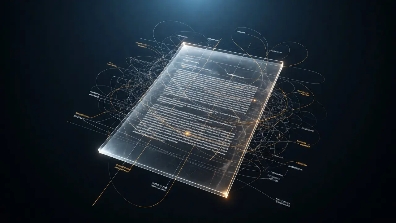 Floating document surrounded by glowing metadata threads