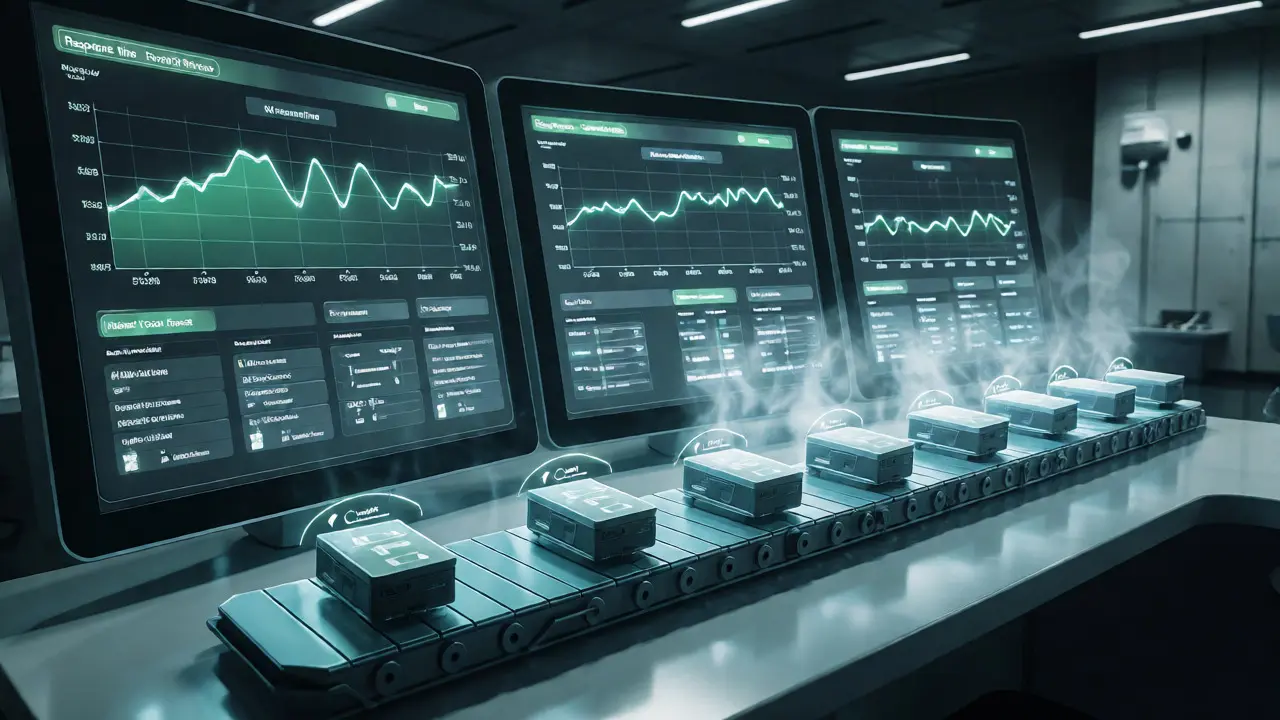 Futuristic monitoring dashboard displaying auto-scaling triggers and async task queues for LMS.