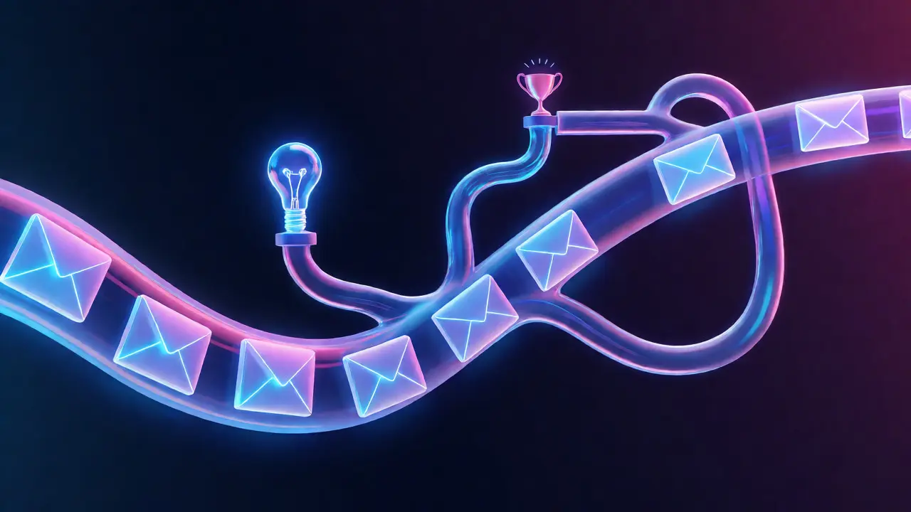 Glowing digital envelopes flowing through branching pathways