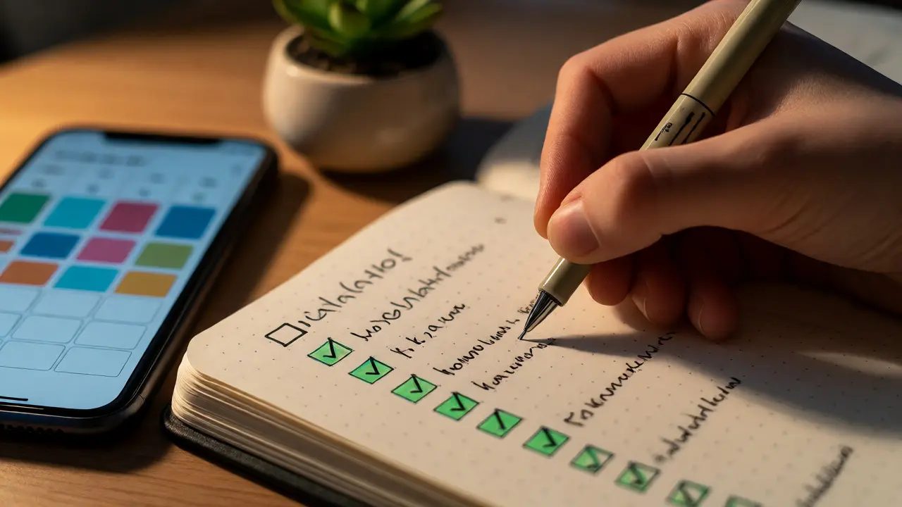 Hand ticking off completed tasks in a journal next to a phone and plant