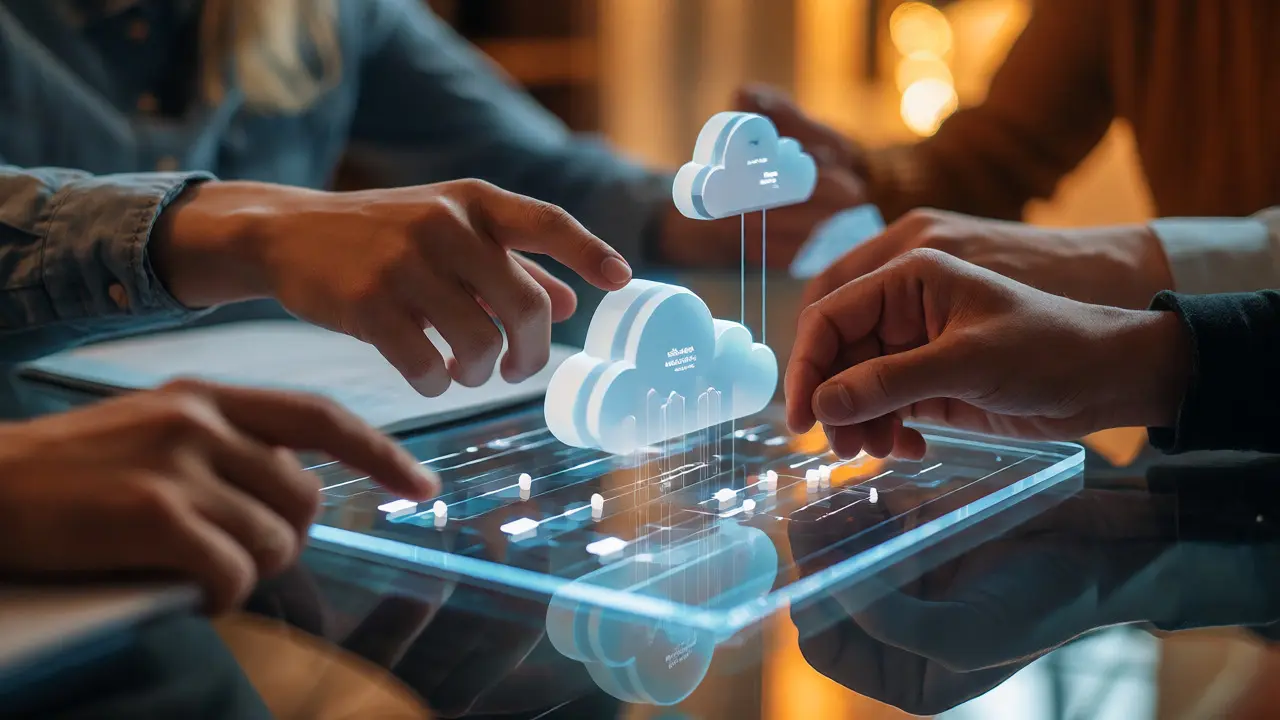 Hands collaborating on holographic cloud architecture models