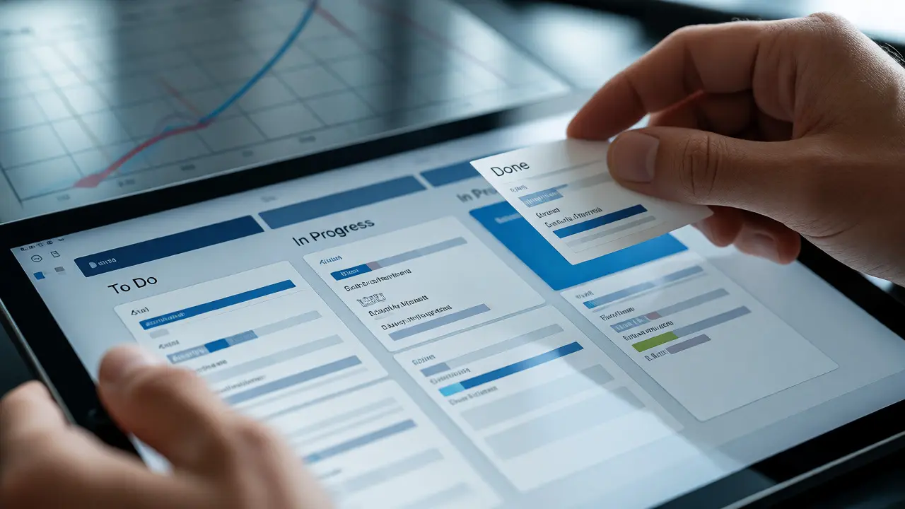 Hands moving task cards on a digital kanban board on a tablet.