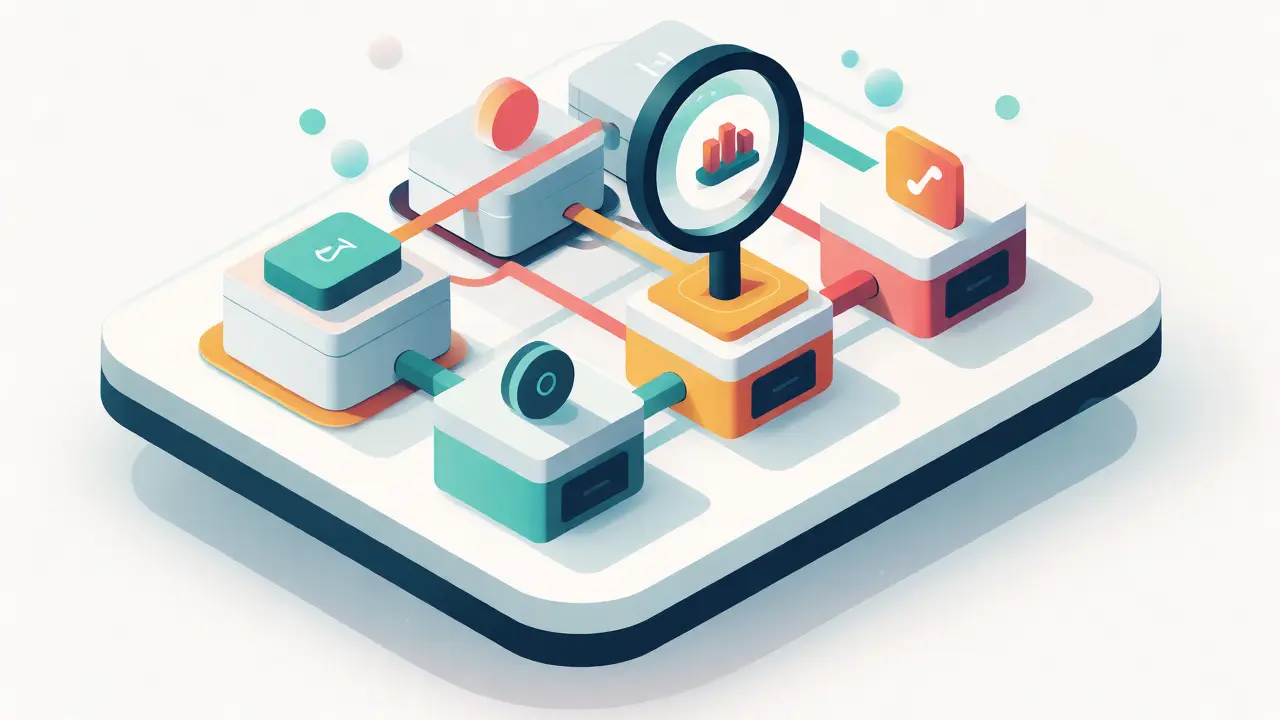 Isometric diagram of a customer journey funnel with highlighted conversion points.