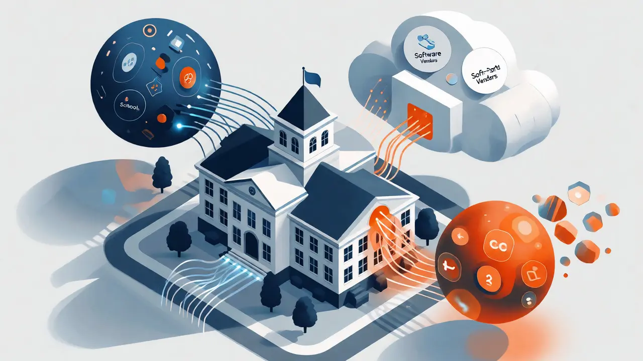 Isometric diagram showing data flow between schools and vendors