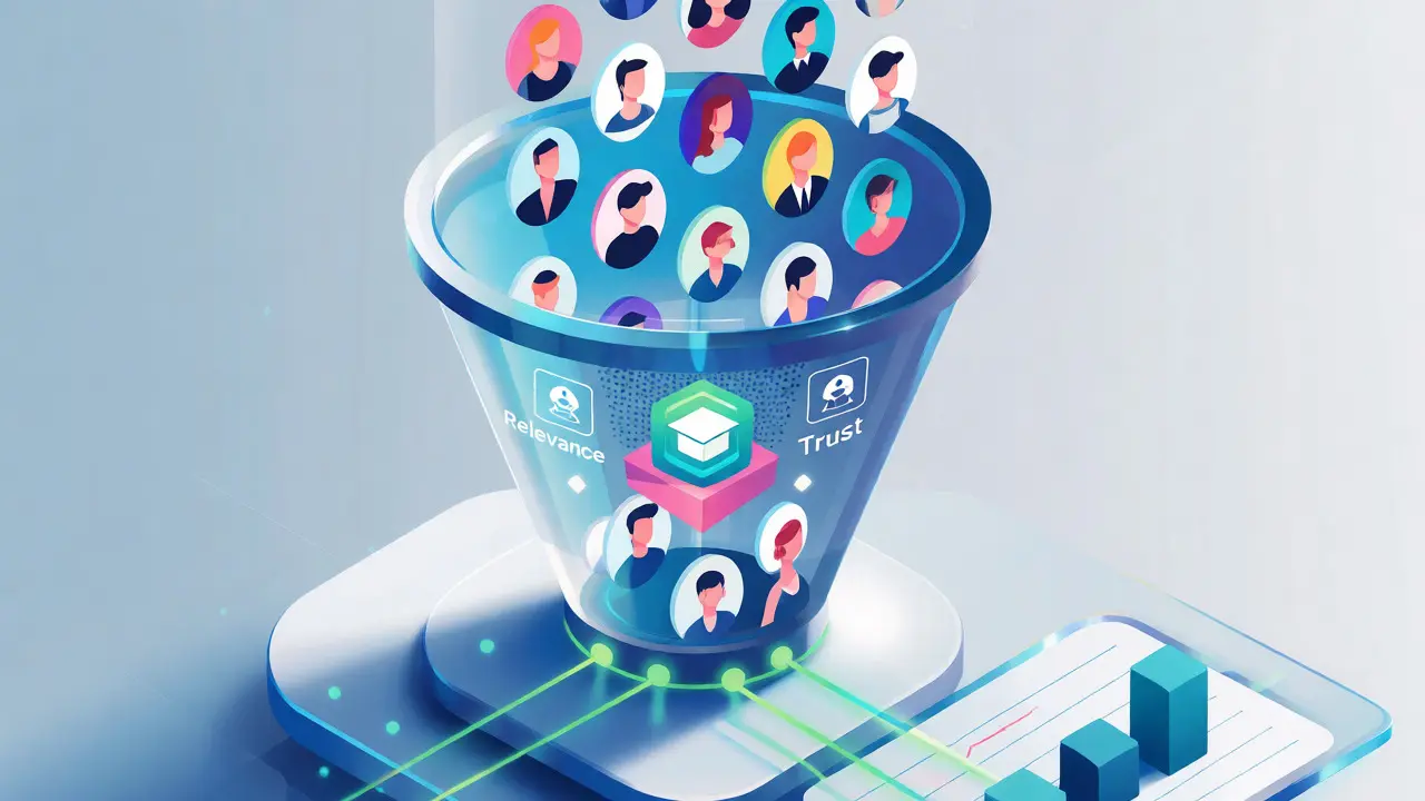 Isometric illustration of filtering influencer avatars through a relevance sieve for course partnerships.