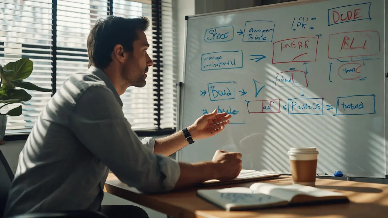 Manager coaching employee in a bright, collaborative workspace