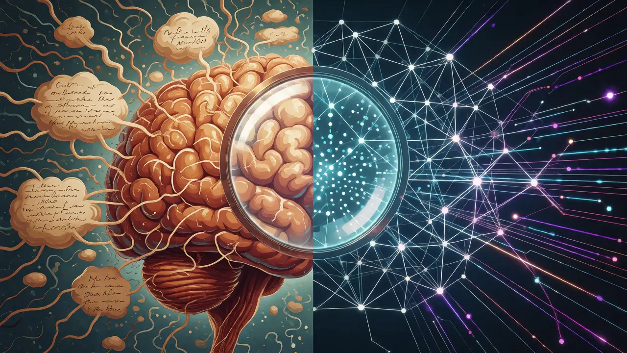 Split visual of human brain and AI network under magnification