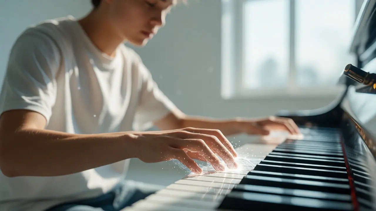 Student experiencing touchless mid-air haptics while playing piano