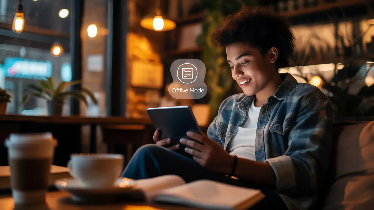 Student using offline mode on a device in a cozy cafe setting