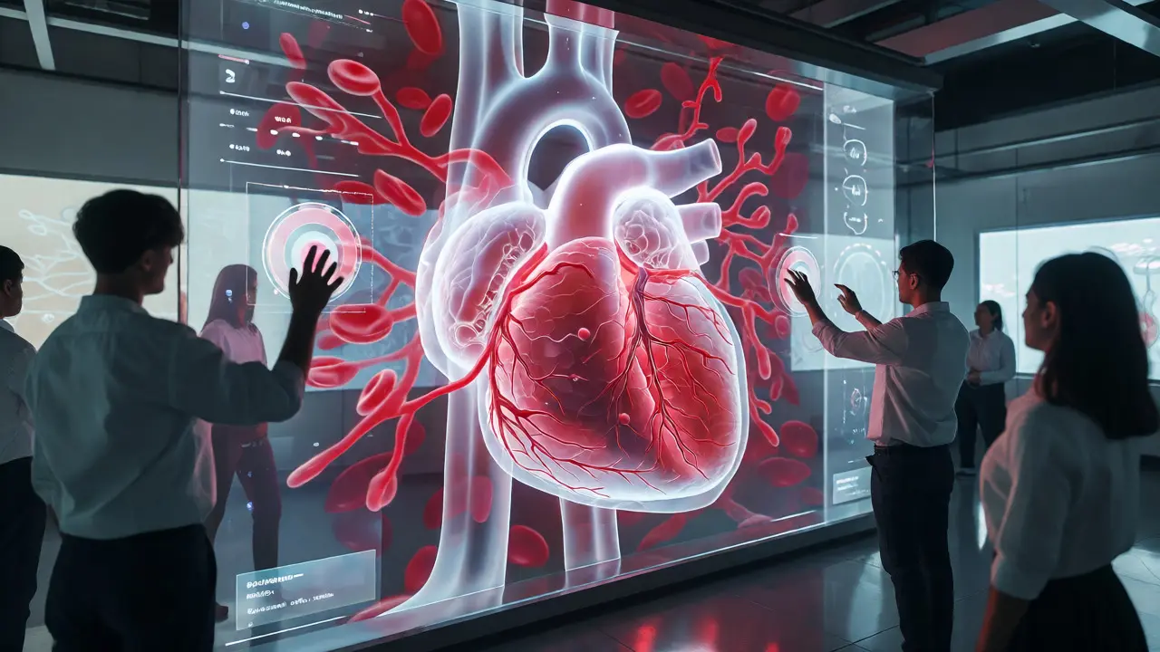 Students interacting with a holographic heart simulation in a modern classroom.