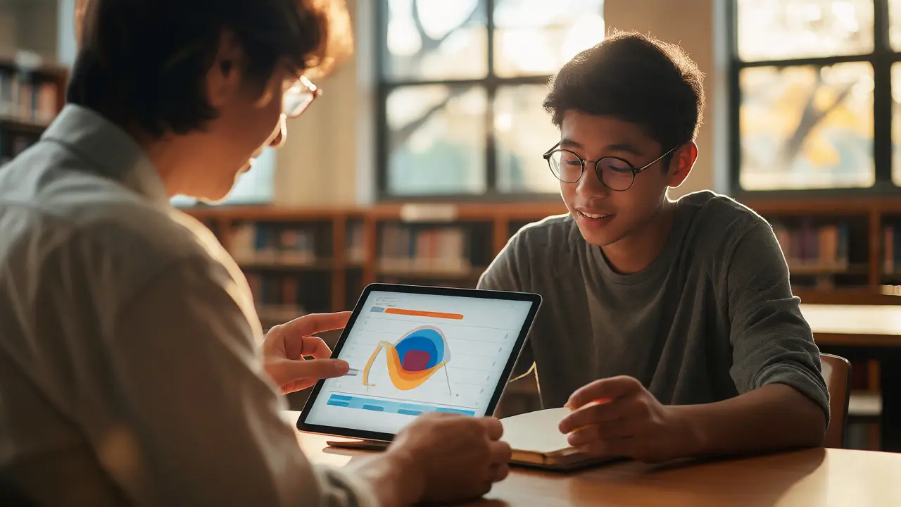 Teacher and student collaborating in a library with a tablet showing progress insights.