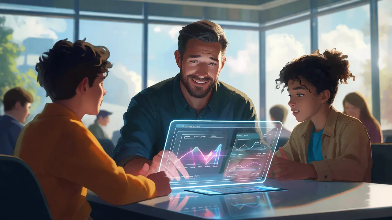 Teacher and students using transparent tablet with AI insights