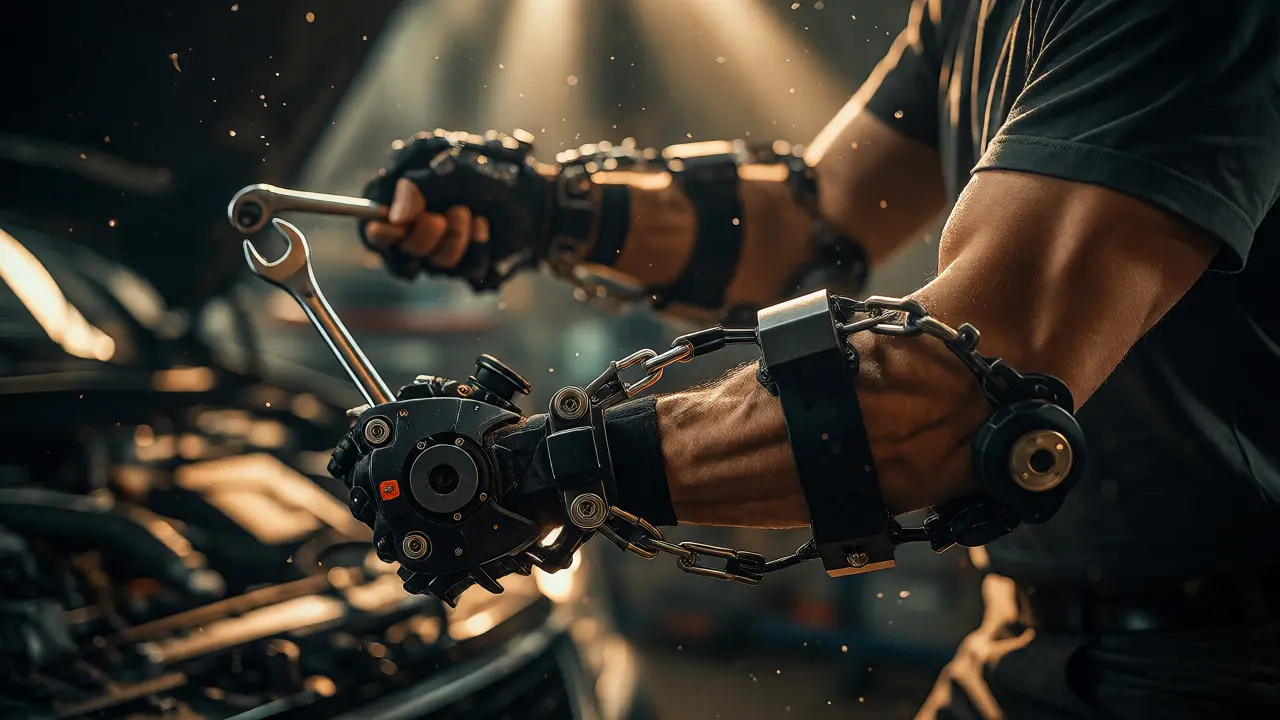 Technician using exoskeleton arms for VR mechanic training