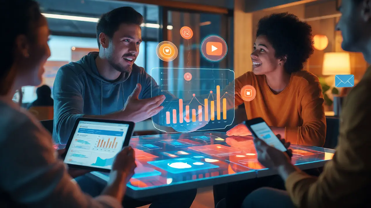 Three professionals collaborating around a holographic table with sales and engagement data.